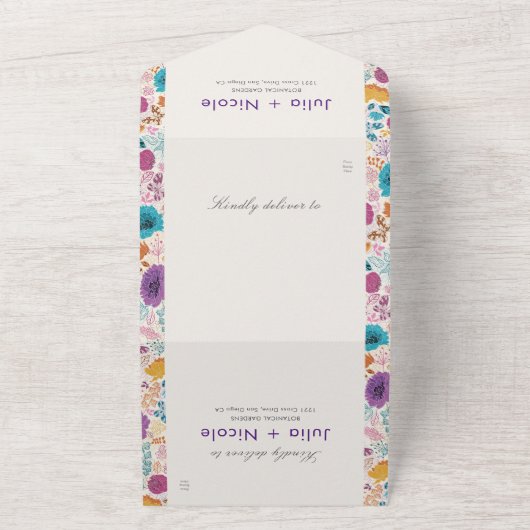 Blauwgroen Paarse lente weide bloemen bruiloft All In One Uitnodiging (Buitenkant)