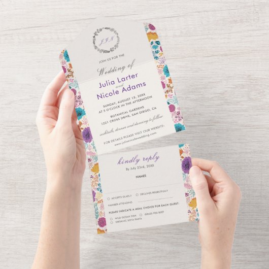 Blauwgroen Paarse lente weide bloemen bruiloft All In One Uitnodiging (Afscheurbaar)