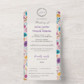 Blauwgroen Paarse lente weide bloemen bruiloft All In One Uitnodiging (Binnen)