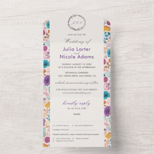 Blauwgroen Paarse lente weide bloemen bruiloft All In One Uitnodiging (Binnen)