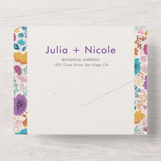 Blauwgroen Paarse lente weide bloemen bruiloft All In One Uitnodiging (Achterkant)