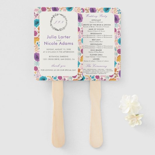 Blauwgroen Paarse lente weide bloemen bruiloft Handwaaier (Voorkant en achterkant)