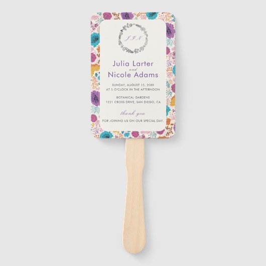 Blauwgroen Paarse lente weide bloemen bruiloft Handwaaier (Voorkant)