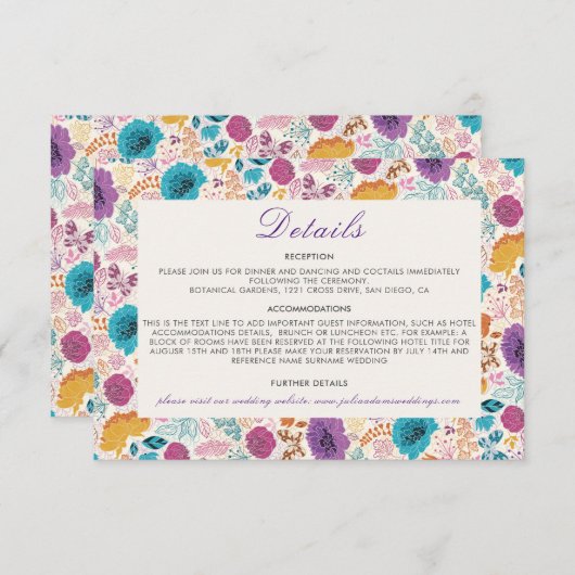 Blauwgroen Paarse lente weide bloemen bruiloft Informatiekaartje (Voorkant / Achterkant)