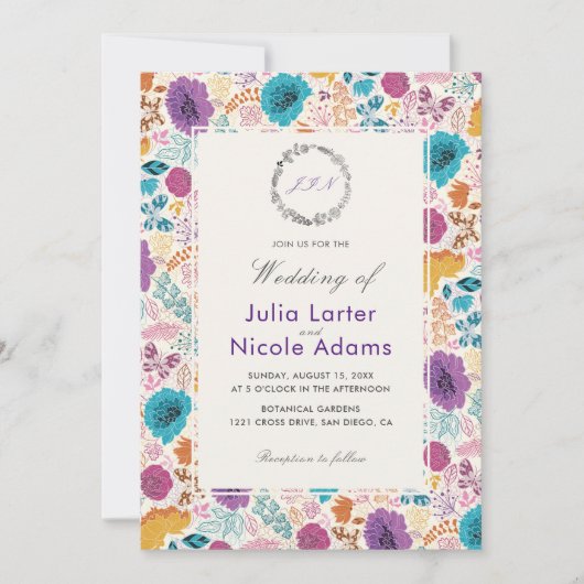 Blauwgroen Paarse lente weide bloemen bruiloft Kaart (Voorkant)