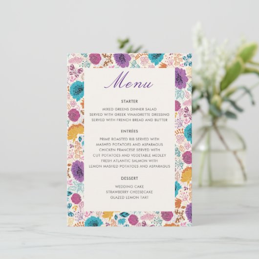 Blauwgroen Paarse lente weide bloemen bruiloft Menu (Staand voorkant)