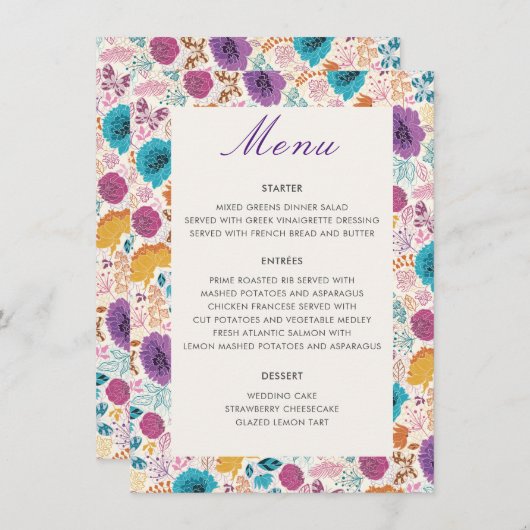 Blauwgroen Paarse lente weide bloemen bruiloft Menu (Voorkant / Achterkant)