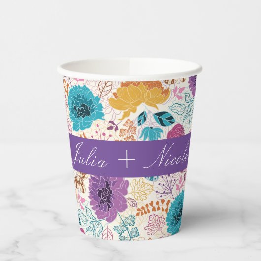 Blauwgroen Paarse lente weide bloemen bruiloft Papieren Bekers (Links)