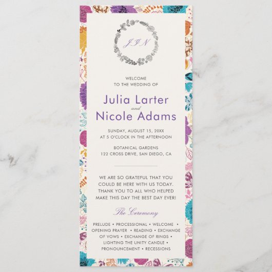 Blauwgroen Paarse lente weide bloemen bruiloft Programmakaart (Voorkant)