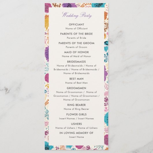 Blauwgroen Paarse lente weide bloemen bruiloft Programmakaart (Achterkant)