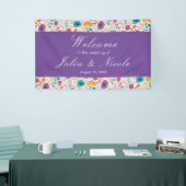 Blauwgroen Paarse lente weide bloemen bruiloft Spandoek (Beurs)
