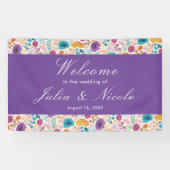 Blauwgroen Paarse lente weide bloemen bruiloft Spandoek (Horizontaal)