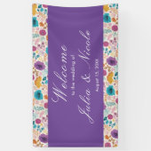 Blauwgroen Paarse lente weide bloemen bruiloft Spandoek (Verticaal)