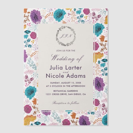 Blauwgroen Paarse lente weide bloemen bruiloft Vellum Uitnodigingen (Voorkant)