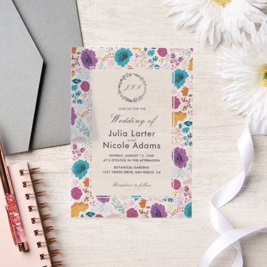 Blauwgroen Paarse lente weide bloemen bruiloft Vellum Uitnodigingen (Huwelijk)