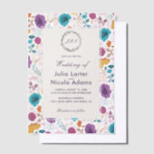 Blauwgroen Paarse lente weide bloemen bruiloft Vellum Uitnodigingen (Offset)