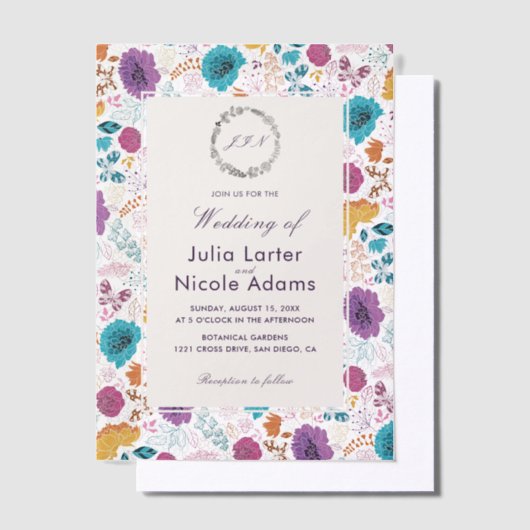 Blauwgroen Paarse lente weide bloemen bruiloft Vellum Uitnodigingen (Offset)