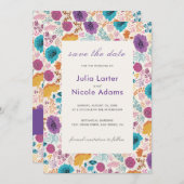 Blauwgroen Paarse lenteweidebloemen Save The Date (Voorkant / Achterkant)