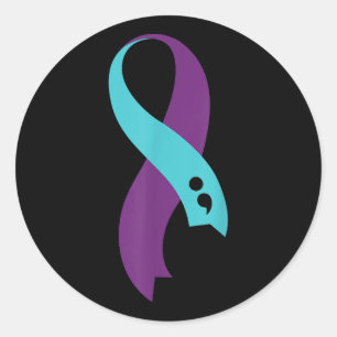 Blauwgroen Paarse Lint Semicolon Zelfmoordpreventi Ronde Sticker