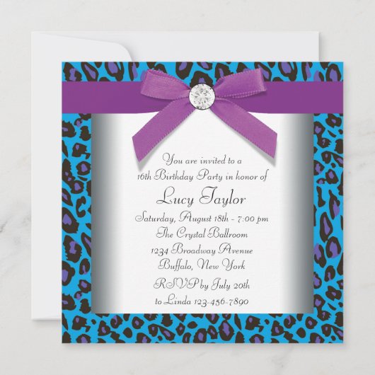 Blauwgroen Paarse Luipaard Sweet 16 Party Kaart (Achterkant)