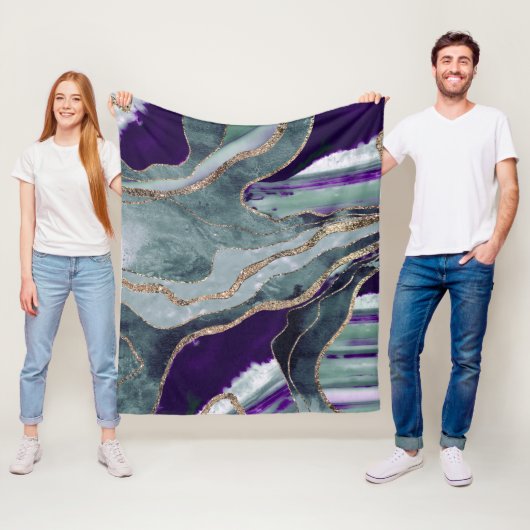 Blauwgroen Paarse marmer Agate Gold Glitter Glam # Fleece Deken (In situ)