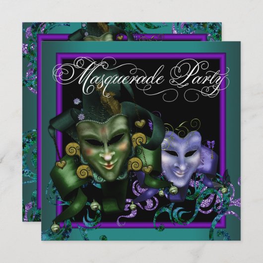 Blauwgroen Paarse Masquerade Party Uitnodigingen (Voorkant / Achterkant)