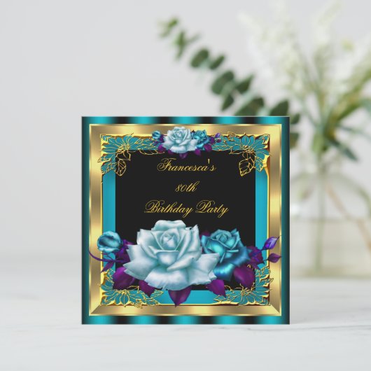 Blauwgroen Paarse Rozen Gold Elegant Womans Birthd Kaart (Staand voorkant)