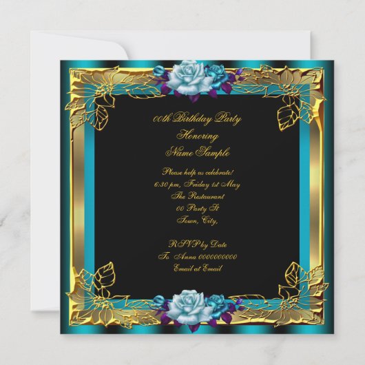 Blauwgroen Paarse Rozen Gold Elegant Womans Birthd Kaart (Achterkant)