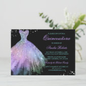 Blauwgroen Paarse Sparkle Dress Quinceanera Invita Kaart (Staand voorkant)