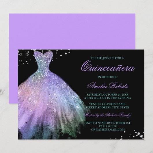 Blauwgroen Paarse Sparkle Dress Quinceanera Invita Kaart (Voorkant / Achterkant)