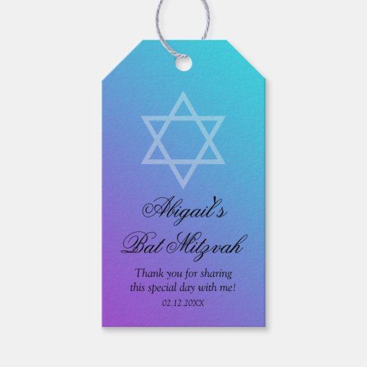 Blauwgroen Paarse ster David Bat Mitzvah Cadeaulabel (Voorkant)