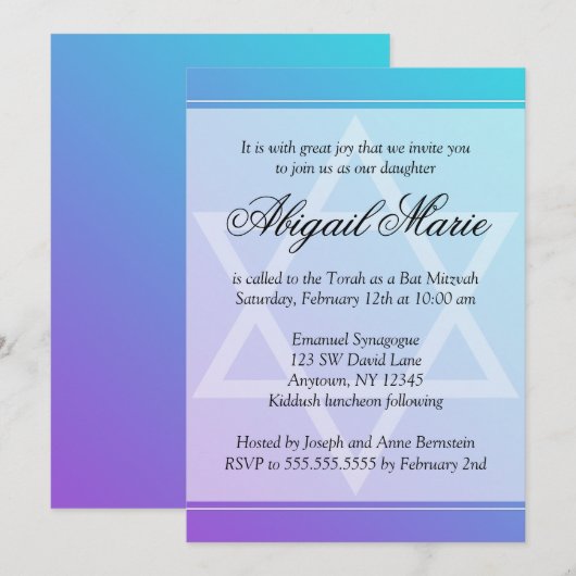 Blauwgroen Paarse ster David Bat Mitzvah Kaart (Voorkant / Achterkant)