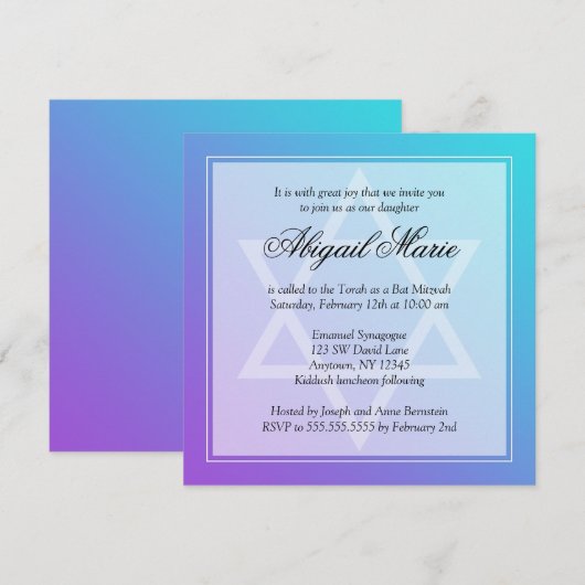 Blauwgroen Paarse ster David Bat Mitzvah Square Kaart (Voorkant / Achterkant)
