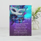 Blauwgroen Paarse vetmester Masquerade Invitation Kaart (Staand voorkant)