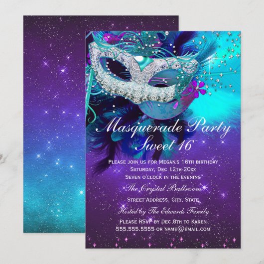 Blauwgroen Paarse vetmester Masquerade Invitation Kaart (Voorkant / Achterkant)