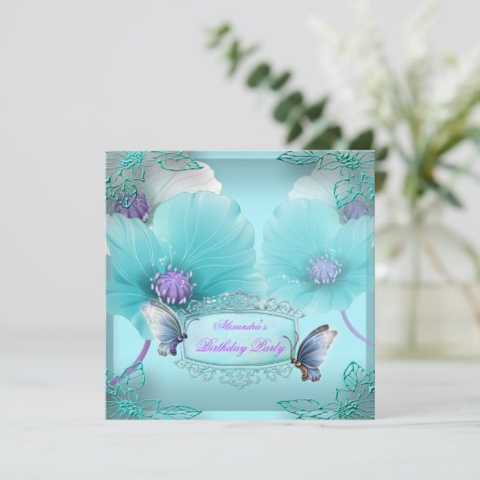 Blauwgroen Paarse vlinder Birthday Party Women Gir Kaart (Staand voorkant)