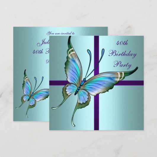 Blauwgroen Paarse Vlinder Elegant 40ste Verjaardag Kaart (Voorkant / Achterkant)