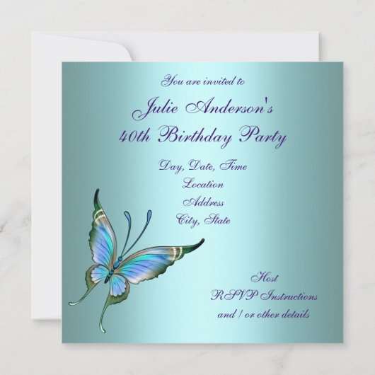 Blauwgroen Paarse Vlinder Elegant 40ste Verjaardag Kaart (Achterkant)