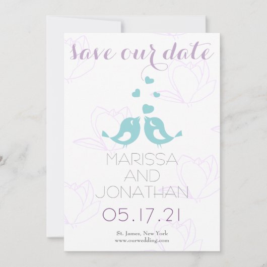 Blauwgroen/Paarse vogels Sla de datumkaart op Save The Date (Voorkant)