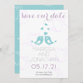 Blauwgroen/Paarse vogels Sla de datumkaart op Save The Date (Voorkant / Achterkant)