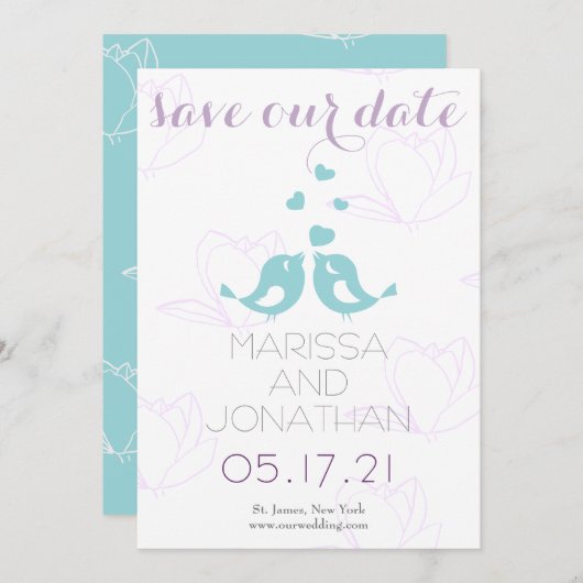 Blauwgroen/Paarse vogels Sla de datumkaart op Save The Date (Voorkant / Achterkant)