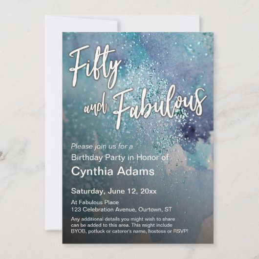 Blauwgroen Paarse Waterverf Glitter Vijftig en Fab Kaart (Voorkant)