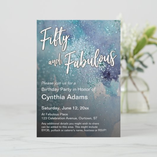 Blauwgroen Paarse Waterverf Glitter Vijftig en Fab Kaart (Staand voorkant)