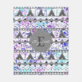 Blauwgroen & Paarse Waterverf Grijs Aztec Patroon  Fleece Deken (Voorkant)