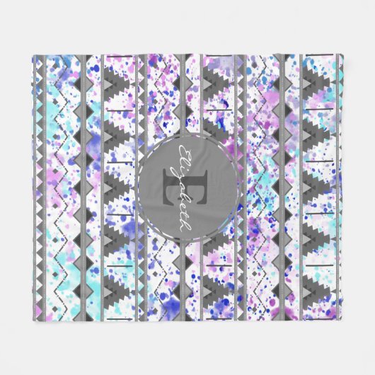 Blauwgroen & Paarse Waterverf Grijs Aztec Patroon  Fleece Deken (Voorkant (Horizontaal))