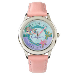 Blauwgroen & Paarse Waterverf Monogram Zeemeermin Horloge
