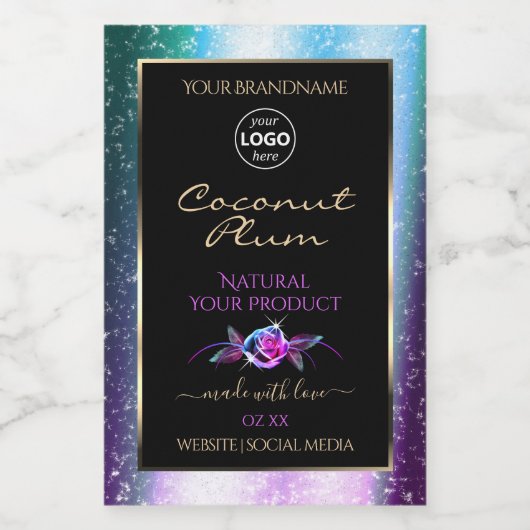 Blauwgroen Paarse zwarte Glitter-productlabels met Voedselcontainer Etiket (Enkel label)