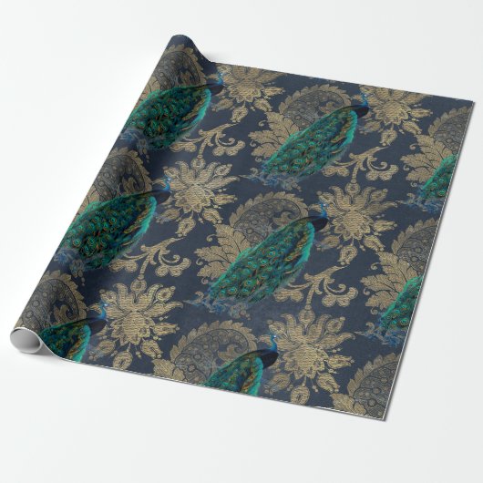 Blauwgroen packs op blauw en goud cadeaupapier (Uitgerold)