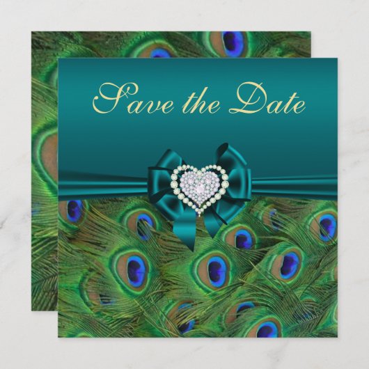 Blauwgroen pacock Sla de datum op Save The Date (Voorkant / Achterkant)