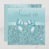 Blauwgroen pailletten, Bow & Diamond Sweet 16 Kaart (Voorkant / Achterkant)